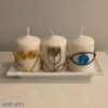 סט 3 נרות מקושטים בפסלים עשויים מחוטי מתכת: עין למזל וברכה, ורד ולב